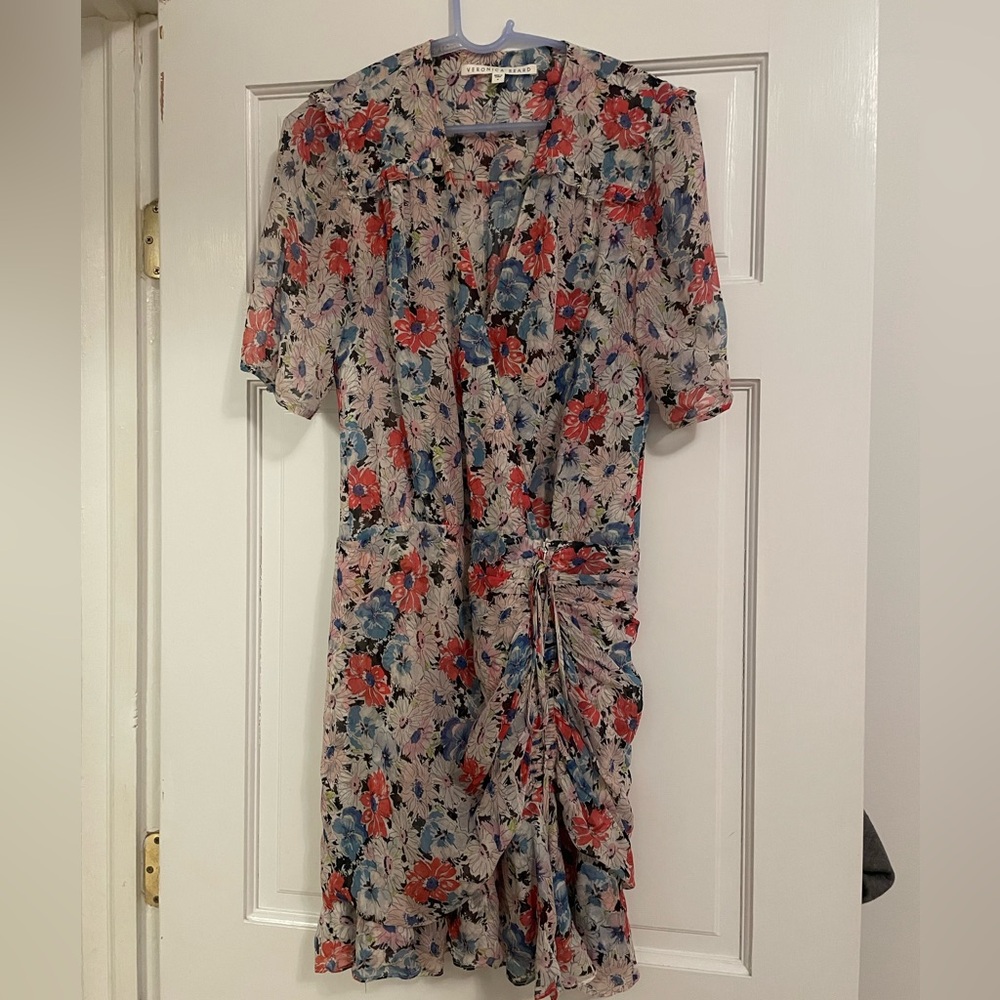 Veronica Beard Dakota Ruched Floral Print Silk Dress 4 Mini Blue Red Ruffle